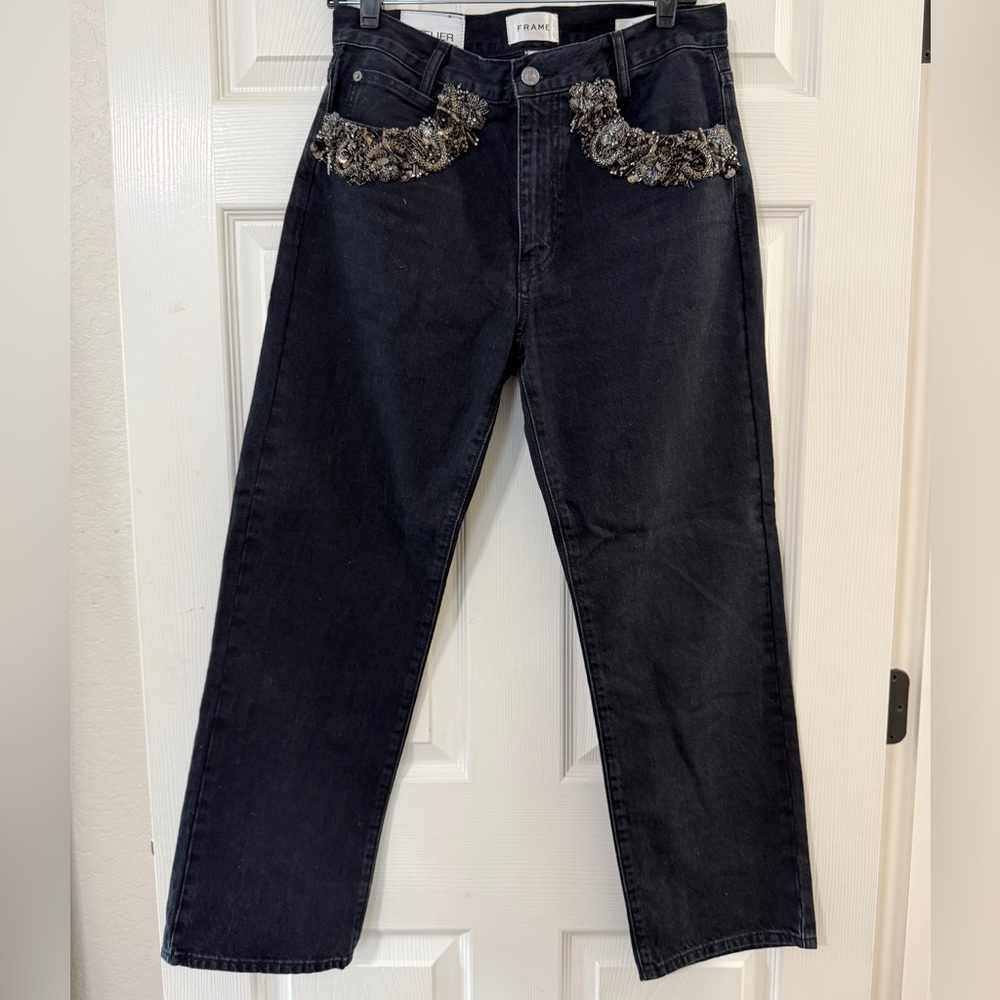 Frame Denim Black Jeans with Metallic Pocket Embellishment